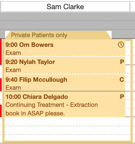 Dentally Appointment block showing appointment status