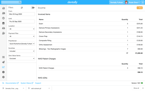 Dentally Screenshot - Income Report - filter by practitioner - fullscreen