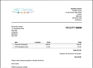 Dentally Screenshot Invoice showing Sundry items