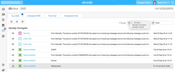 Dentally screenshot multi-site inbox