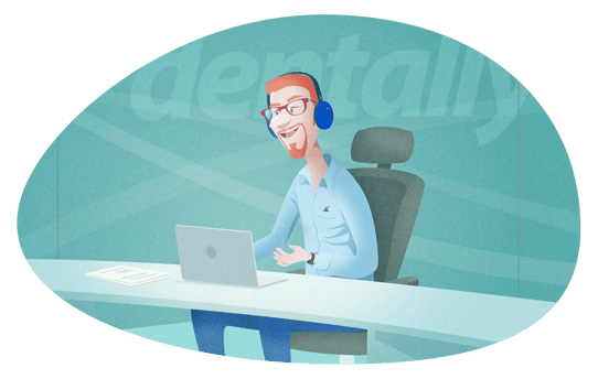 An illustration of a person at a desk using a computer wearing headphones