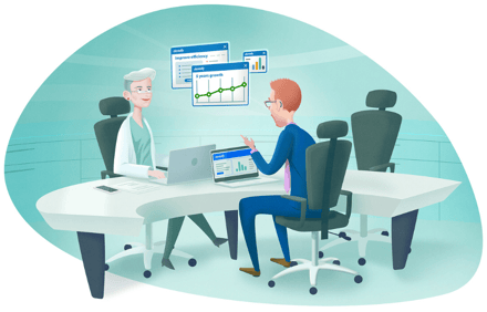Illustration of Dentally Elevate consultant and Practice Manager sitting down for a one to one chat. 