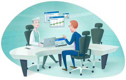 Illustration of Dentally Elevate consultant and Practice Manager sitting down for a one to one chat.
