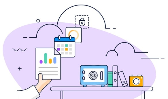 Illustration portraying Dentally's ability to provide you with data security with reports on paper disappearing into the cloud.