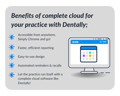 List of benefits using Dentally complete cloud solution can offer your practice. such as fast reporting and automated reminders.