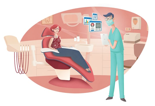 illustration of dental practice with a patient sitting in the dental chair. Dentist is tending to patient by showing them their records on Dentally. 
