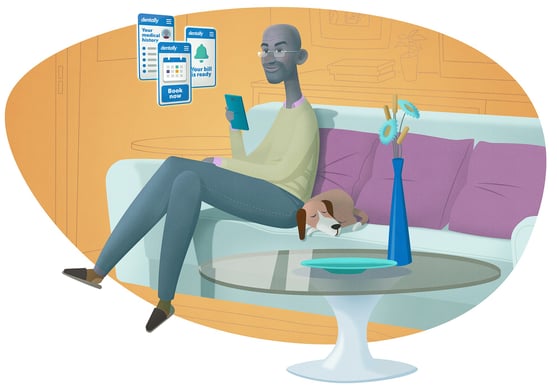illustration of a person sitting in the waiting room of a dental practice filling out his forms on his mobile device ahead of his appointment. 