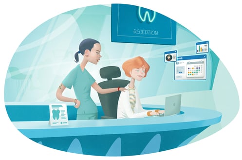 Illustration of practice manager and nurse working together on the computer using Dentally.