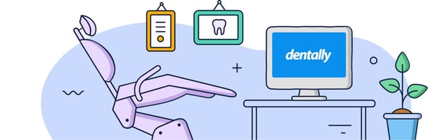 Illustration of dental practice chair with dentally open on laptop next to the chair with a green plant in the corner.