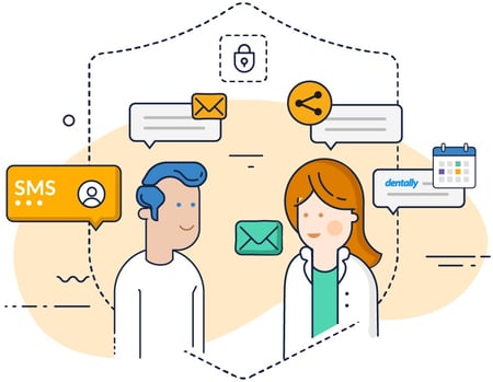 illustration with patient and dentist surrounded by pop up notifications displaying Dentally as the key to safe patient communication.