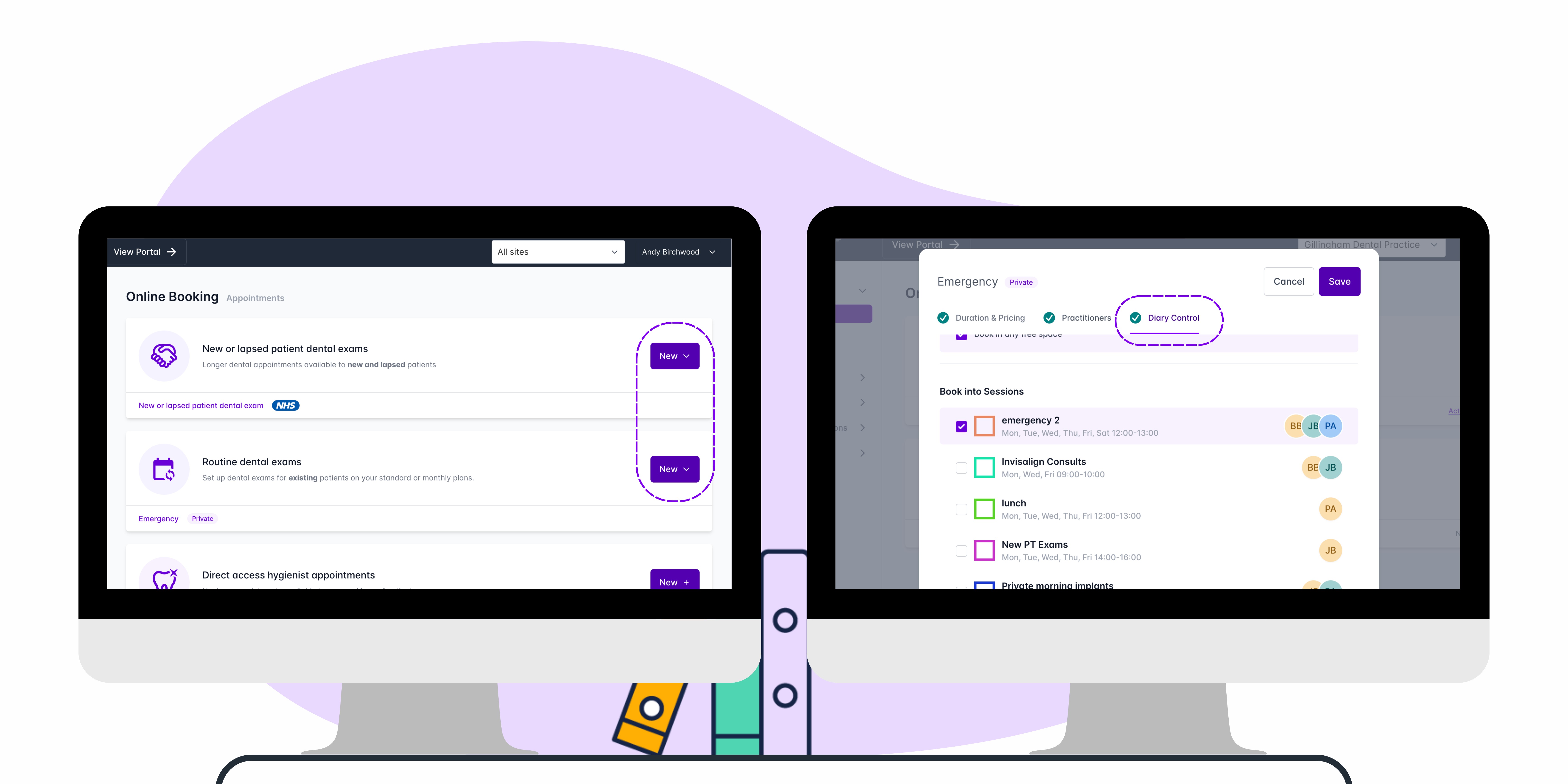screenshot of  dentally portal online booking set up screen alongside a screenshot of the diary control section on the dentally portal.