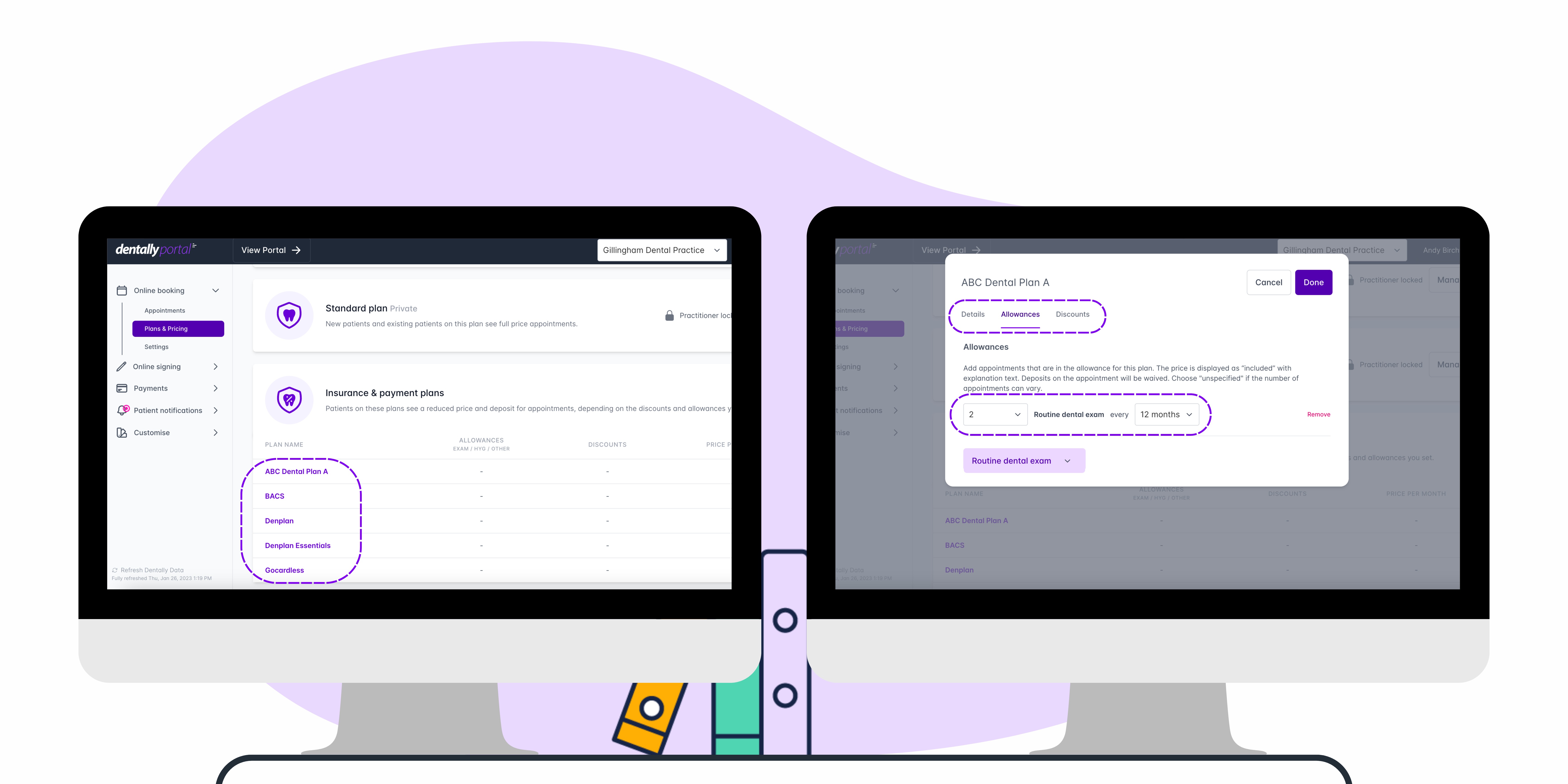 screenshot of plan pricing screen on new dentally portal admin panel, alongside a screenshot of the allowances sections against the plan. 