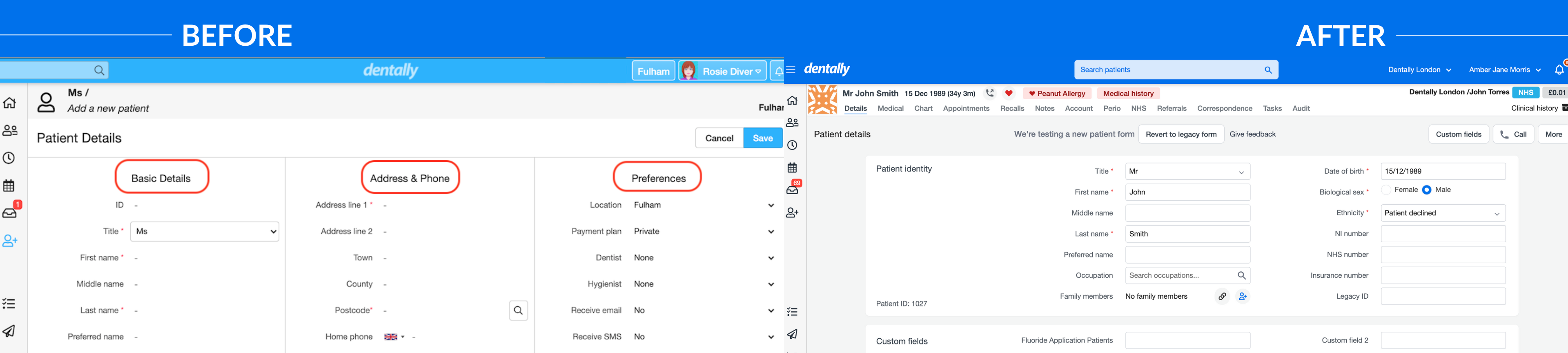 before and after of the Patient details screen in dentally