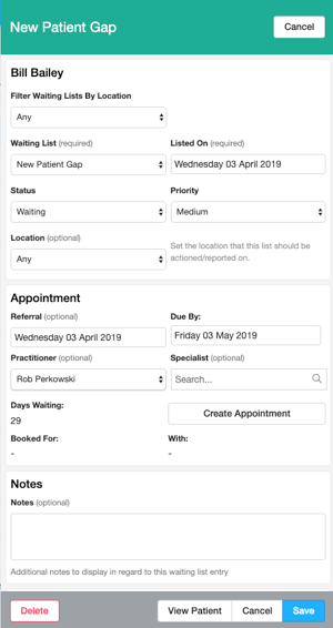 Waiting Lists - Patient Entry on a list 