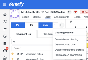 screenshot showing the chart dentition drop down menu for quick viewing changes. 