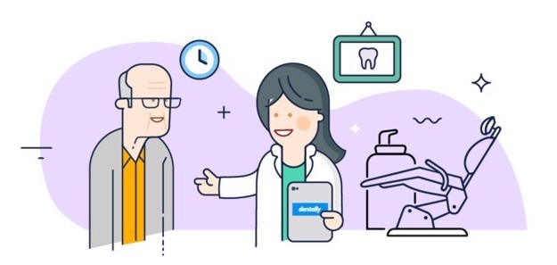 illustration of a patient and dentist in surgery. Dentist is explaining dental care to the patient whilst both are smiling and happy.